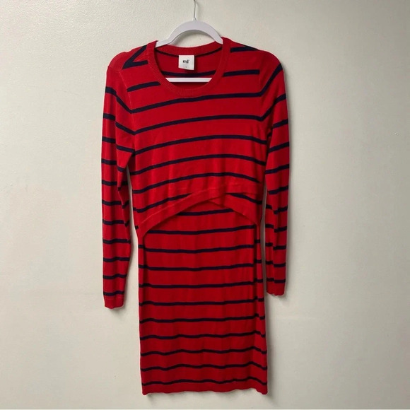 Mamalicious Red Striped Long Sleeve Nursing Dress Size Small - Picture 2 of 5